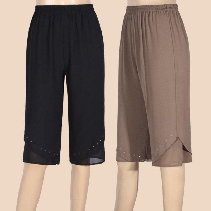 新款夏装中老年雪纺七分裤大码妈妈装松紧腰阔腿裤休闲裤女装中裤