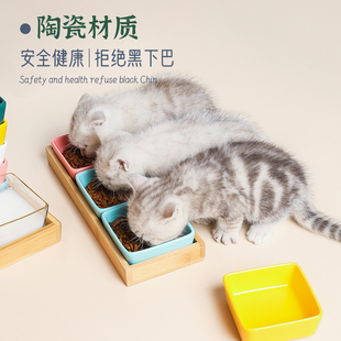 小猫吃饭的碗陶瓷双碗防打翻幼猫食盆小型护颈猫咪喝奶罐头零食碗