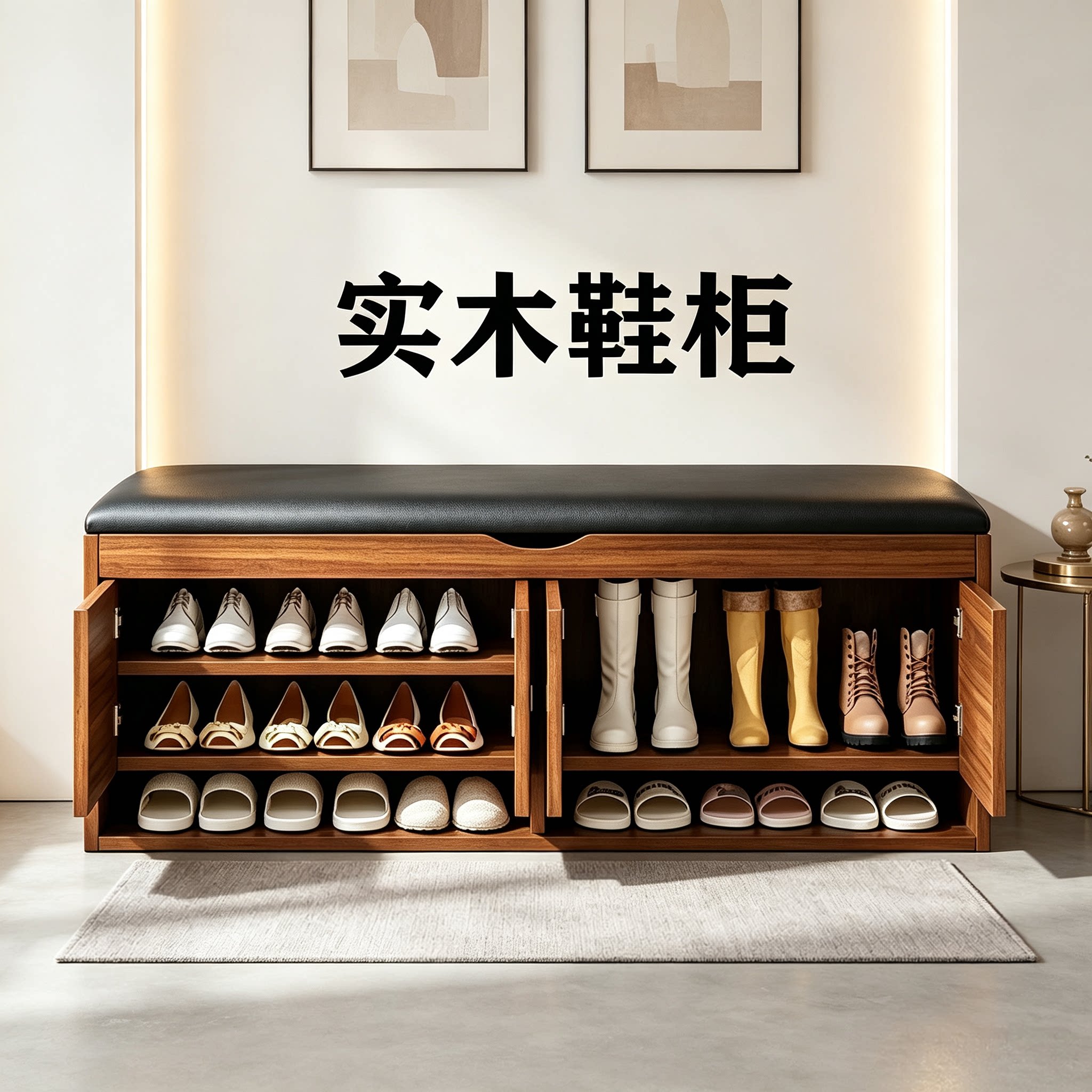 皮质软包舒适大容量换鞋凳中古风