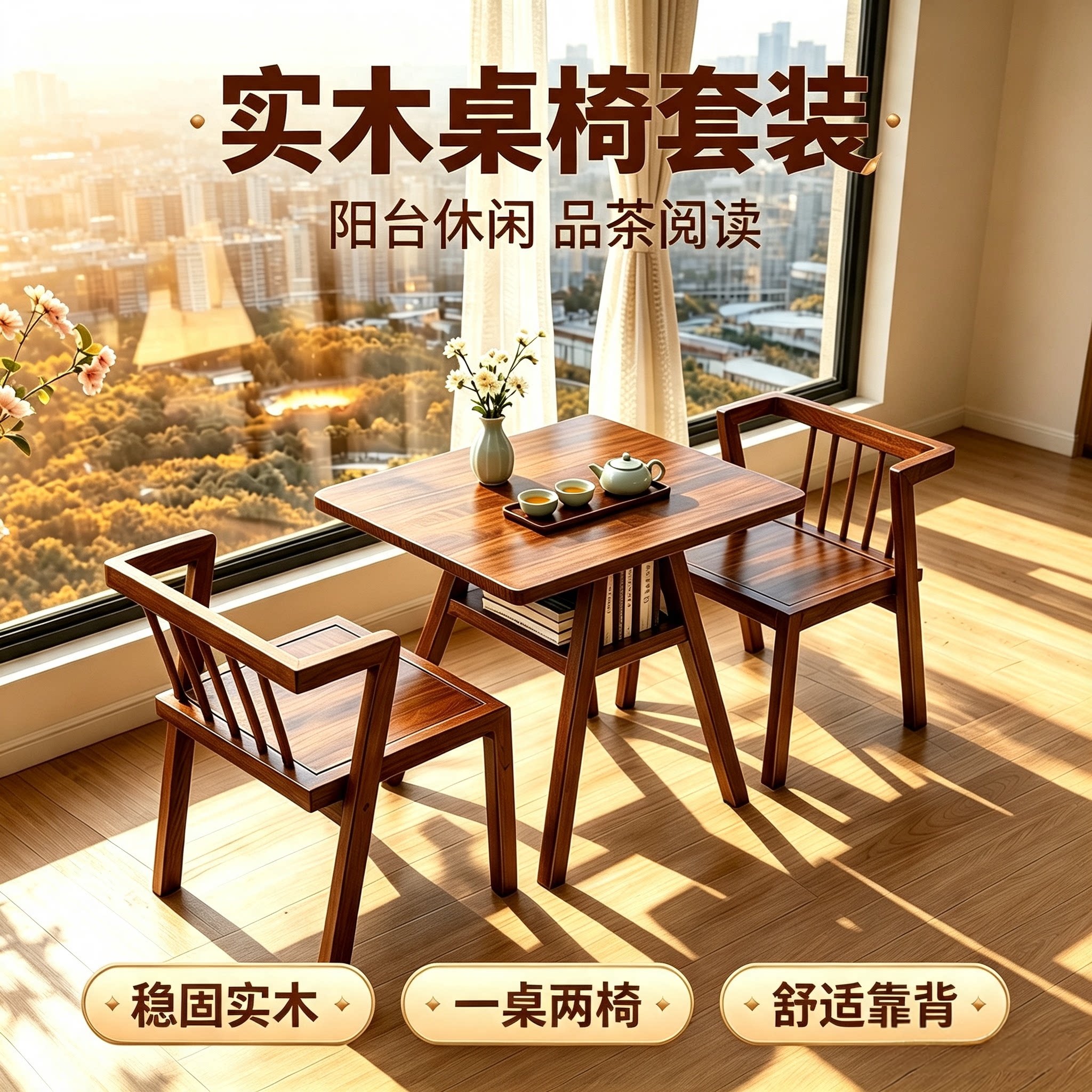 实木茶桌椅组合一整套小户型家用一桌两椅阳台收纳休闲藤椅三件套
