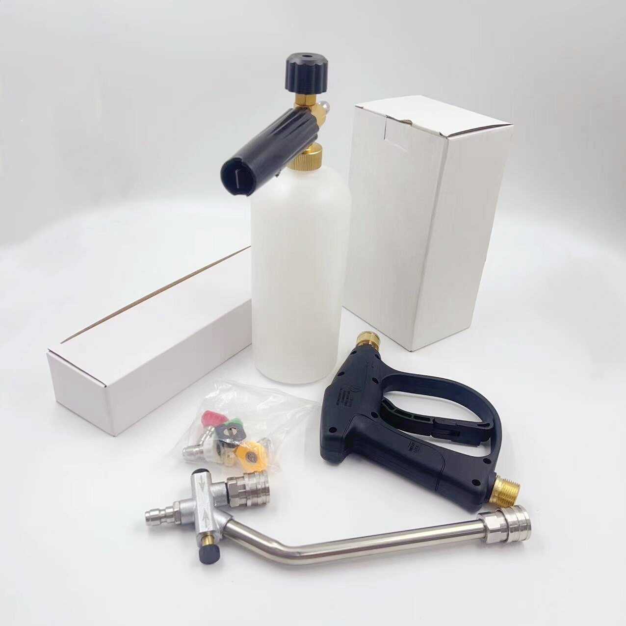 跨境高压洗车机水枪自由切换两用不锈钢1/4快接头PA泡沫喷壶套装