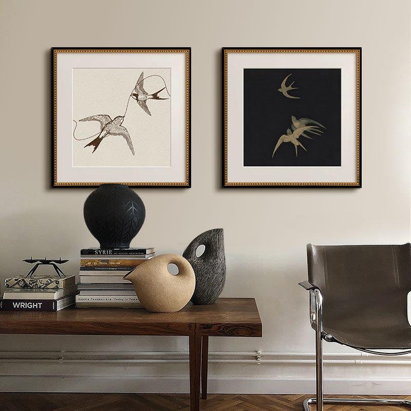 现代法式中国风客厅装饰画复古玄关卧室壁画书房高级感双飞燕挂画