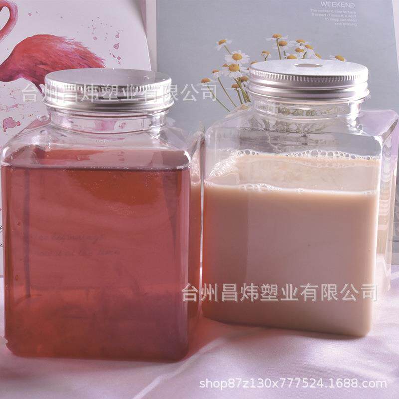 网红罐罐瓶加厚正方形塑料瓶子奶茶瓶透明异型瓶有孔盖子摆摊罐