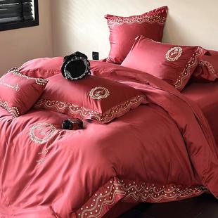 婚庆100S高支长绒棉四件套简约刺绣红色全棉被套纯棉结婚床上用品