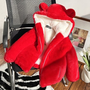 女童棉服冬装男童可爱连帽仿兔毛皮草外套中大童加绒加厚儿童棉衣