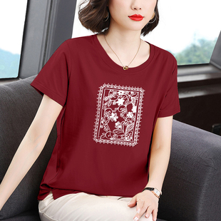 纯棉t恤女短袖夏季宽松新款夏装中年妈妈时尚气质薄款夏天上衣女