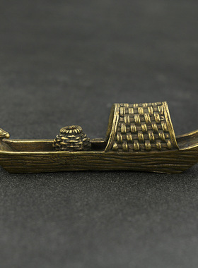 复古迷你纯黄铜小船茶宠摆件镇纸笔搁渔舟日式茶道铜器收藏工艺品