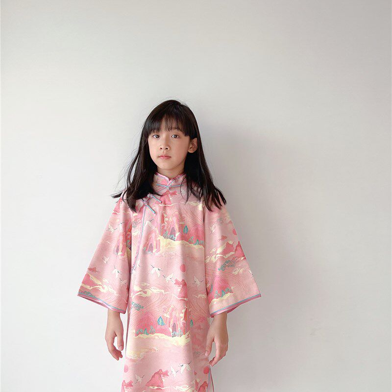 四岁女童春季裙子2024年春秋款古风连衣裙粉色中式旗袍甜美生日