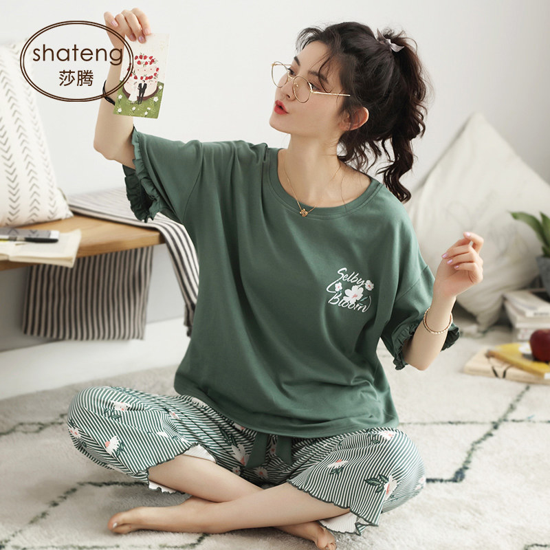 睡衣女士夏季薄款纯棉短袖七分裤女装夏装春秋款中长裤家居服套装