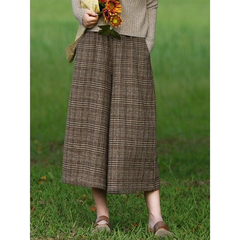 秋冬新品文艺洋气松紧腰咖色格子大码裙裤胖mm显瘦休闲九分阔腿裤,女装/女士精品,休闲裤,淘宝优惠券,粉丝福利购,淘宝优惠卷
