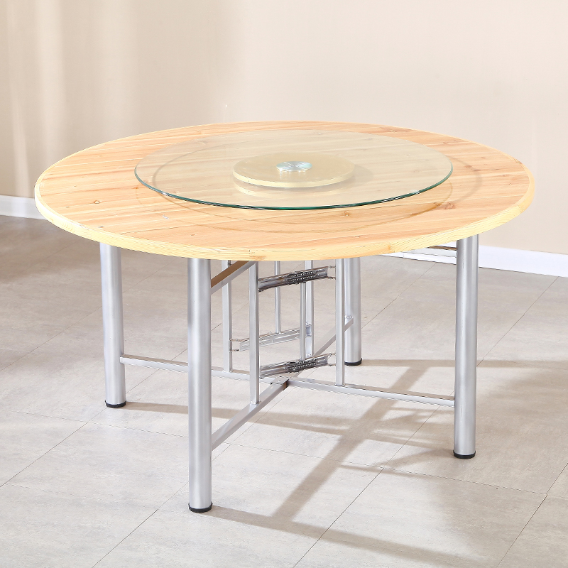 大圆桌杉木皮桌面可带玻璃转盘折叠桌架食堂乡村家用流动酒席餐桌