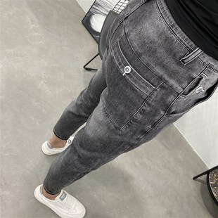 宽松老爹裤 国潮男夏薄新美式 小脚牛仔裤 斜插口袋烟灰弹力微跨修身