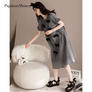 曼系睡裙女夏季梭织纯棉宽松大码过膝可爱少女家居服全棉条纹睡衣