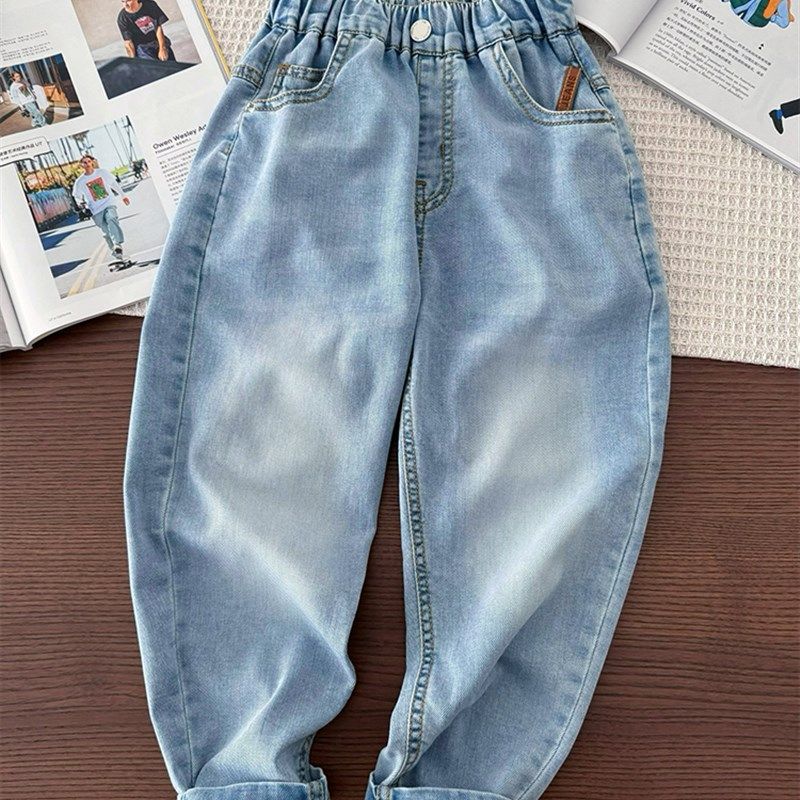 柔软弹力男童浅蓝色牛仔裤中大童春夏季薄裤子直筒锥形裤休闲长裤