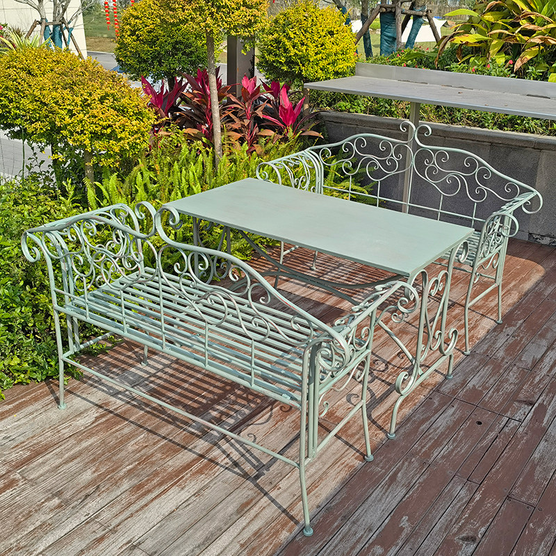 花园铁艺桌椅欧式复古双人靠背椅庭院阳台休闲铁长桌椅子三件套装