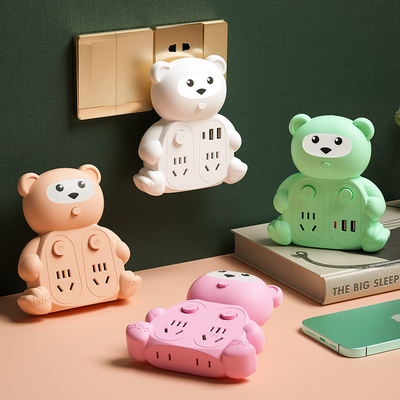 可爱插座转换器插头多功能带USB充电源插排插板家用小夜灯插线板