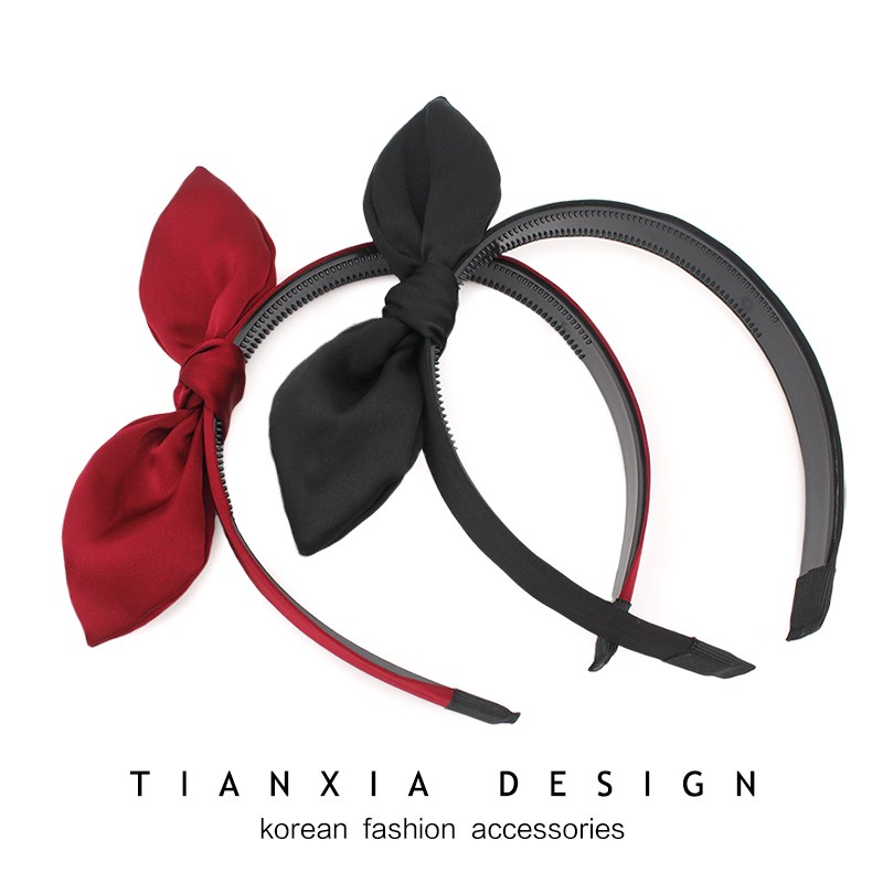 韩国儿童缎面酒红色蝴蝶结发箍小女孩带齿轮防滑头箍简约缎面发卡