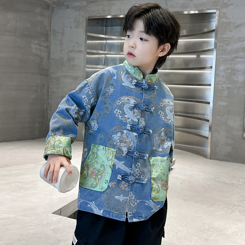 儿童装男童汉服春装2024新款大童中国古风唐装男孩牛仔外套春秋潮