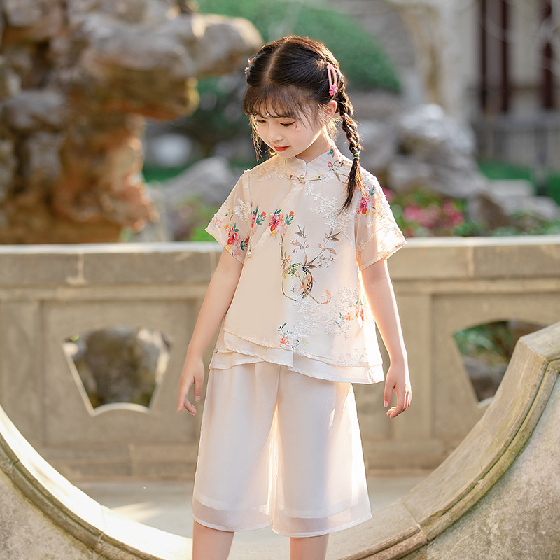 洋气女童汉服套装儿童复古中国风国学服旗袍上衣+裙裤两件套 夏季