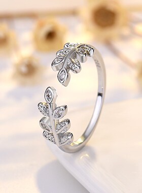 镀纯银小清新镶钻树叶树枝开口女戒时尚气质冷淡风简约可调节戒指