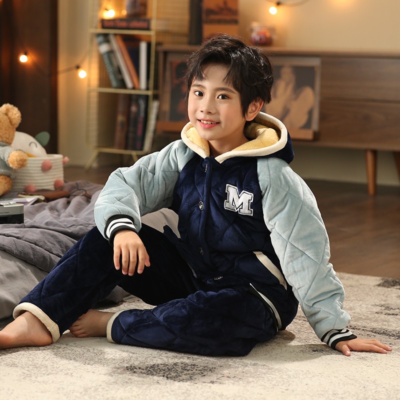 儿童睡衣冬季加厚款男孩三层夹棉冬款小孩中童男童加绒家居服套装