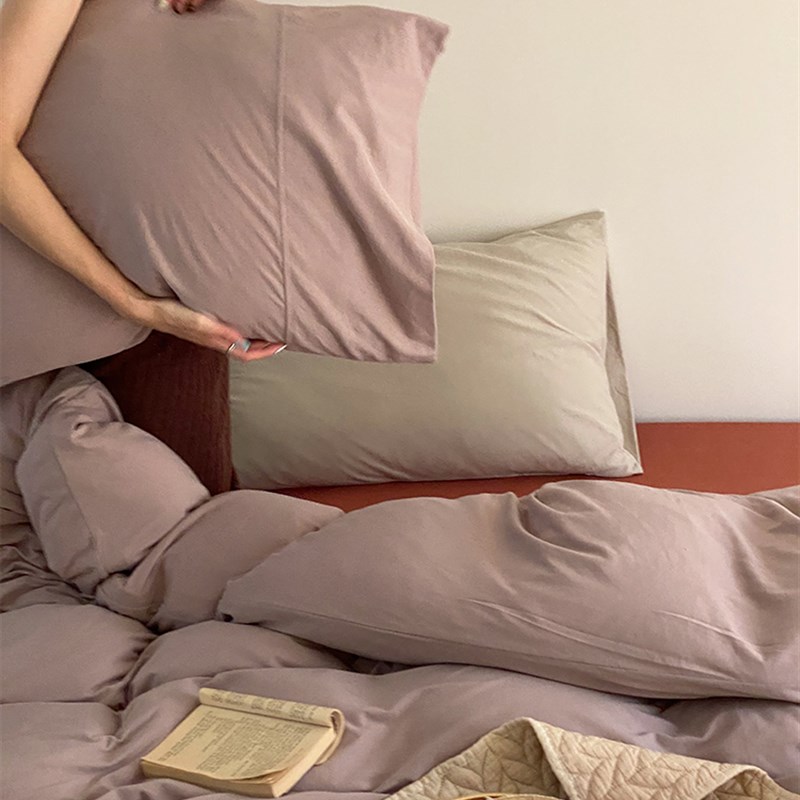 简约风裸睡天竺棉撞色四件套针织棉床笠被套亲肤床单纯棉被罩床品
