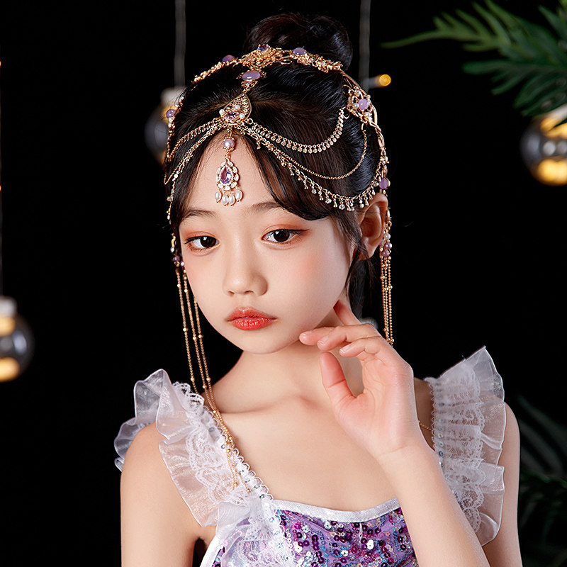 儿童异域风头饰古风汉服发箍女童西域风流苏发冠耳环套装紫色发饰