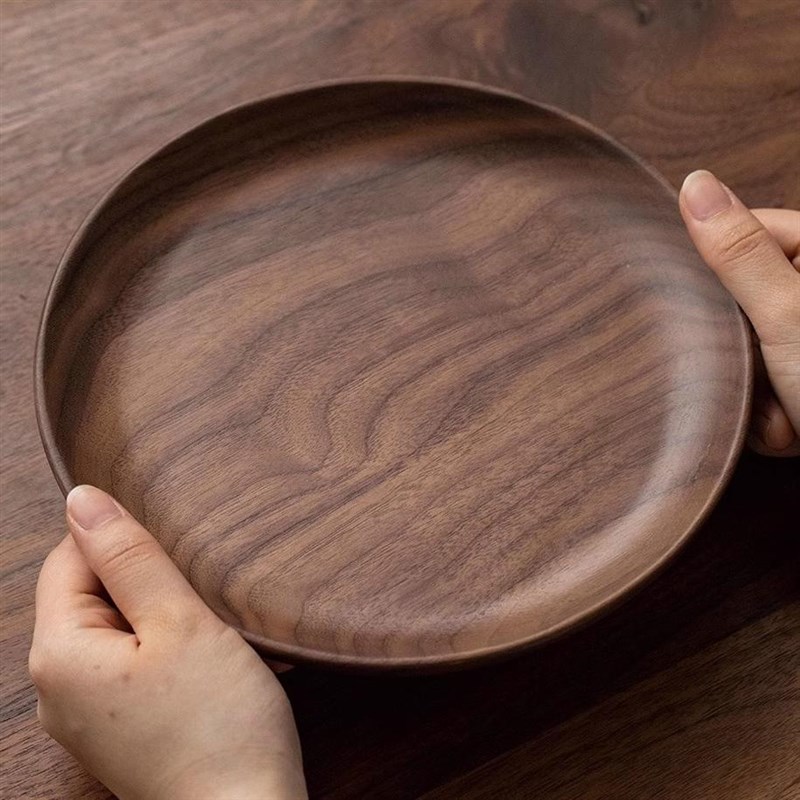 黑胡桃木日式早餐盘餐具点心碟家用木盘子圆形托盘零食水果盘酒店