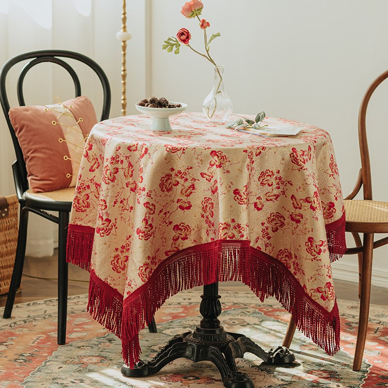 雨雾梅影红香桌布中式复古氛围感餐桌台布红色节日长方形茶几盖布