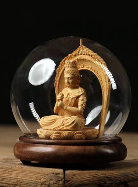 玻璃罩发光佛像摆件小号木雕球形罩家居玄关饰品观音如来妈祖关公