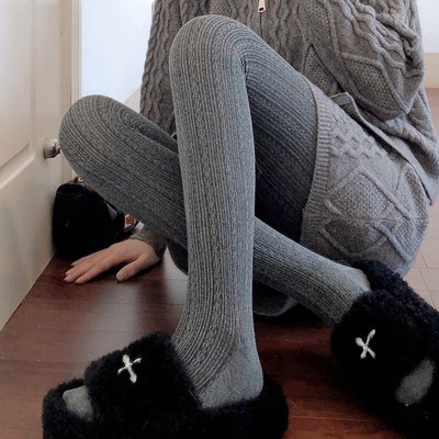 秋冬季加厚烟灰色连裤袜女深灰色保暖打底裤袜麻花纹米白色踩脚袜
