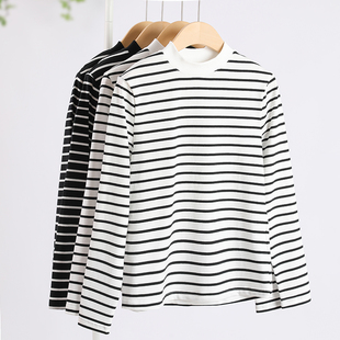 显瘦小高领纯棉针织打底衫 黑白条纹长袖 修身 2023年新款 t恤女春季