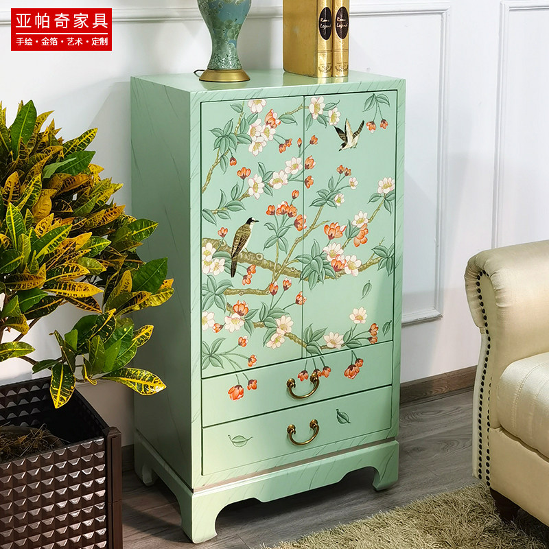 新中式卧室实木衣柜美式田园储物柜家用小户型彩绘玄关柜立柜衣橱