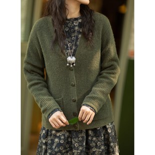 毛衣 2022秋冬羊驼毛棉混纺橄榄绿V领开衫 忘城9912座 绿色清幽