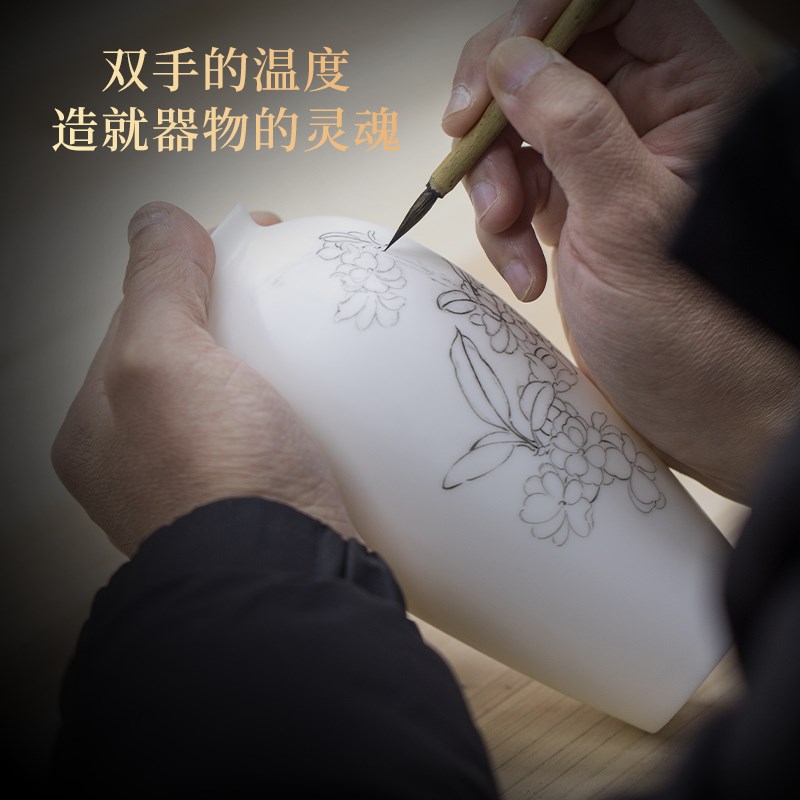 东方泥土高档手绘海棠小花瓶新中式陶瓷摆件客厅博古架博古架装饰