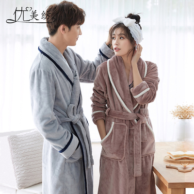 睡袍女秋冬睡衣冬季情侣男长款新加绒加厚保暖可爱珊瑚绒女冬浴袍