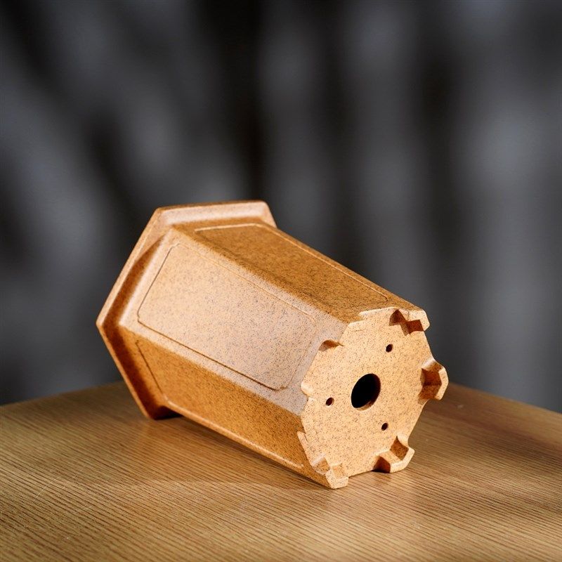 新款宽口奎面飘口精细刻绘原矿段泥柴烧名家唯珍高六方紫砂兰花盆