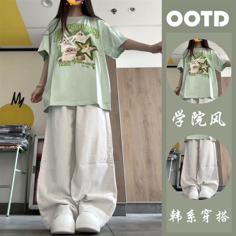 女童夏季套装2024新款12岁13中大童5学院风洋气短袖t恤百搭阔腿裤