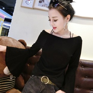 时尚洋气喇叭袖T恤女秋冬新款低胸圆领打底衫修身显瘦小衫上衣女