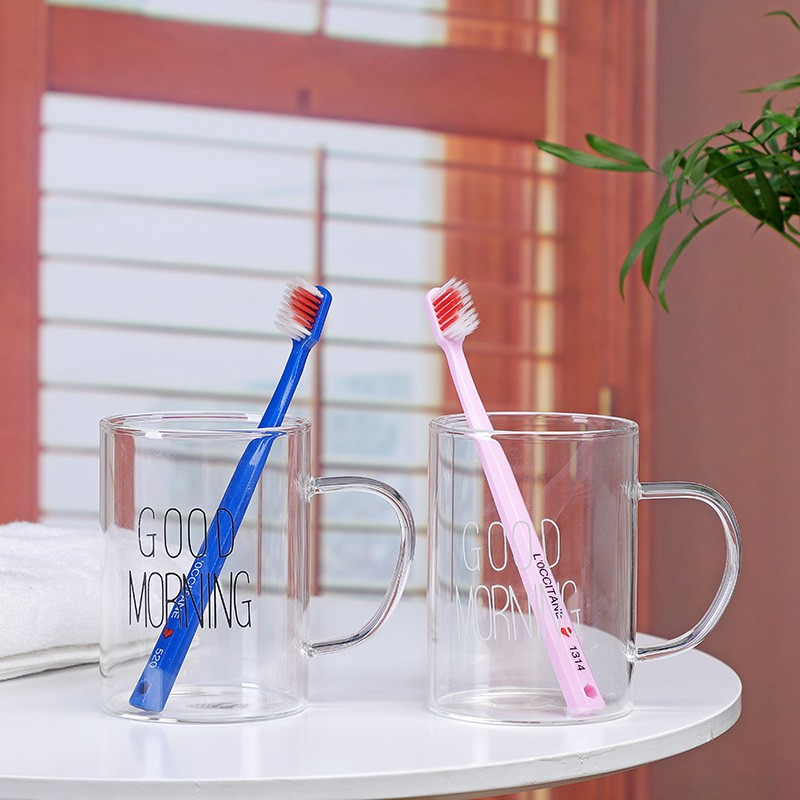 玻璃简约漱口杯带把手创意牙缸洗漱杯套装情侣一对家用刷牙杯子