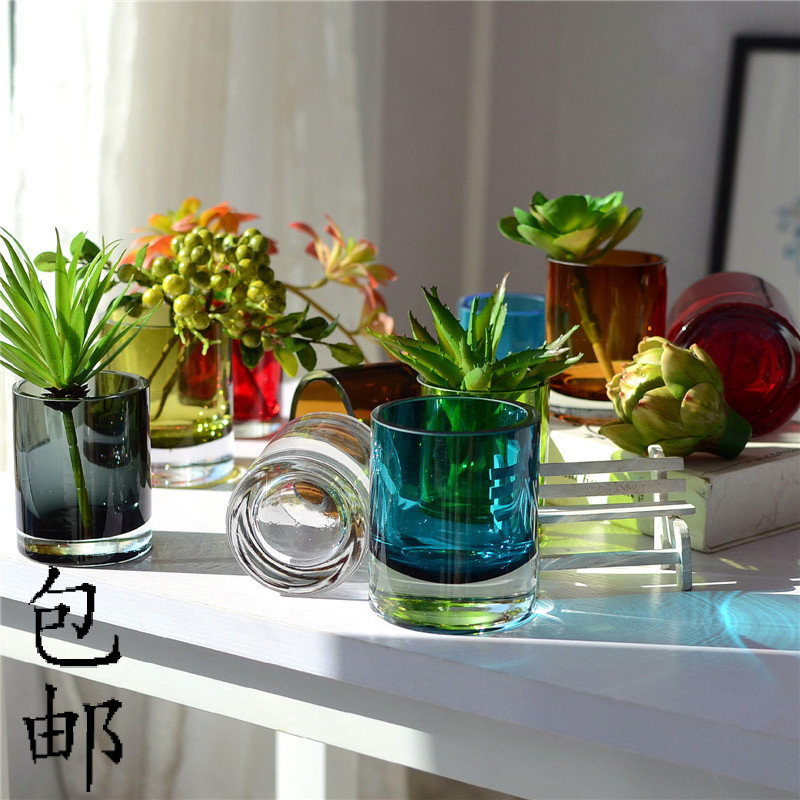 尾货彩色清新圆柱形小号玻璃花瓶花瓶