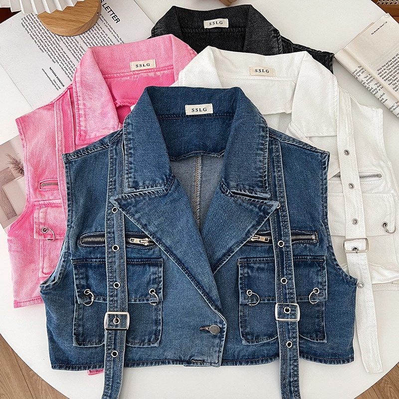 设计感个性时尚西装领双口袋工装牛仔无袖背心马甲短款外套上衣女,女装/女士精品,短外套,淘宝优惠券,粉丝福利购,淘宝优惠卷