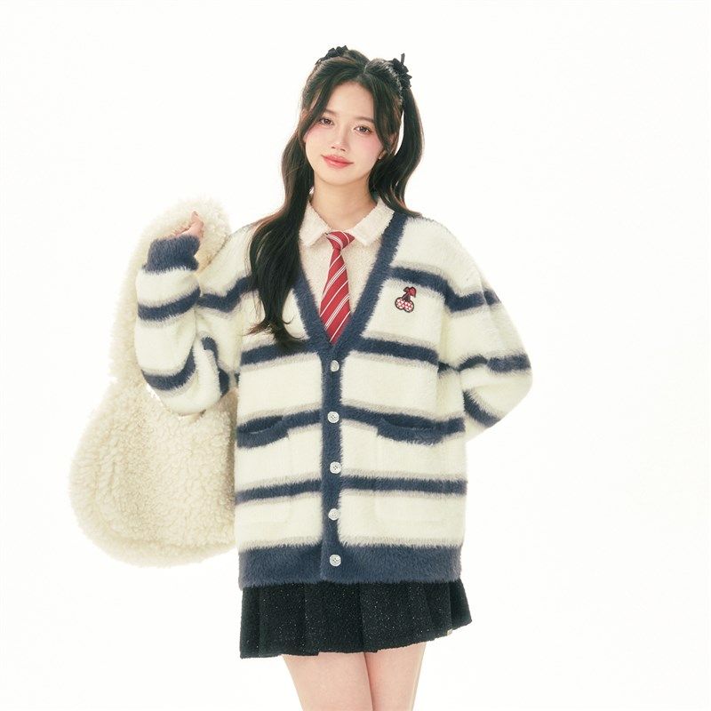 NS76 春季新款水貂毛学院风高中大学生可爱条纹樱桃针织开衫外套