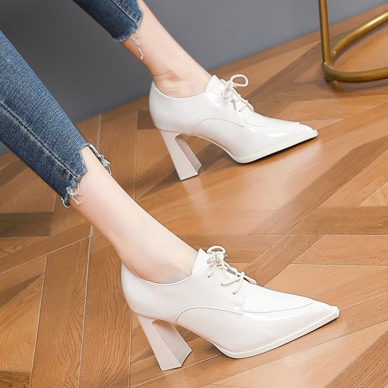 高跟鞋女2024春秋新款英伦复古漆皮小皮鞋女系带尖头粗跟深口单鞋,女鞋,深口单鞋,淘宝优惠券,粉丝福利购,淘宝优惠卷