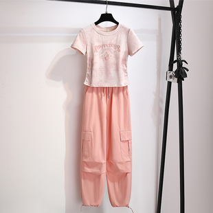 两件套女2024夏季 阔腿裤 新款 漂亮时尚 收腰短款 套装 T恤搭配工装