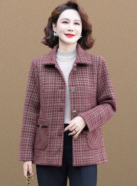 春秋装新款中老年妈妈装大码短款格子呢大衣外套毛呢上衣女装潮
