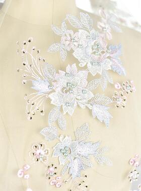 蕾绣立体花刺钉珠贴钻丝童UEY面料布料服装礼服装手工DIY材料紫