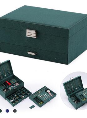 高绒布首级饰绿YCI色复古层三大容量防氧化饰品盒带锁梳妆盒台收