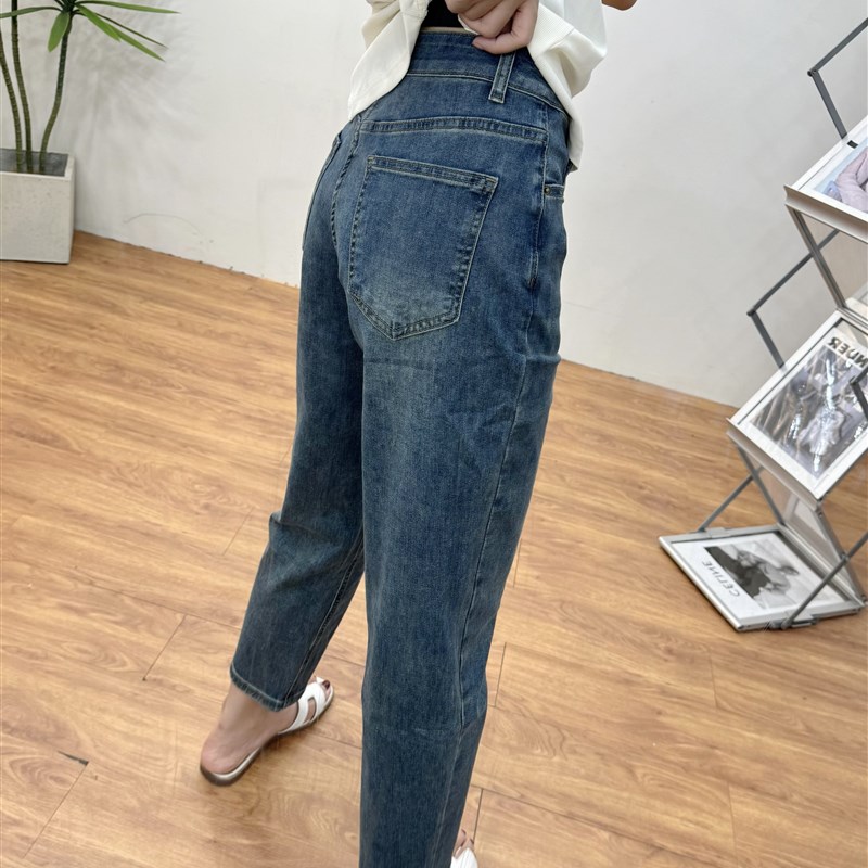 夏季新款大码女装哈伦牛仔裤胖妹妹mm梨形身材高腰显瘦弹力老爹裤
