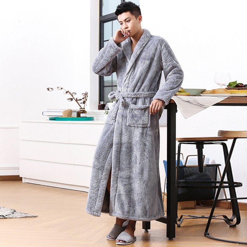 珊瑚绒加肥加大睡袍男冬季加厚长款学生浴袍大码中年男士加长睡衣